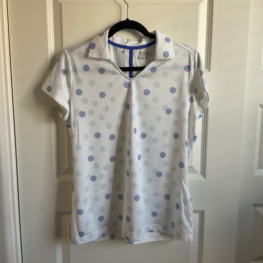 Nike Golf White and Blue Polka Dot Mesh Ventilated‎ Polo - Size Large